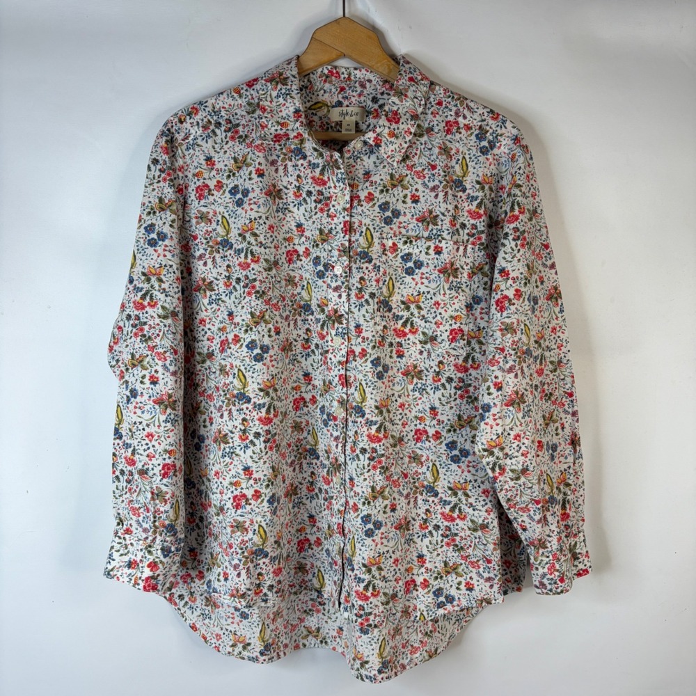 Style & Co Button Down Shirt Womens 2X Multicolor Floral Bird Cotton Long Sleeve